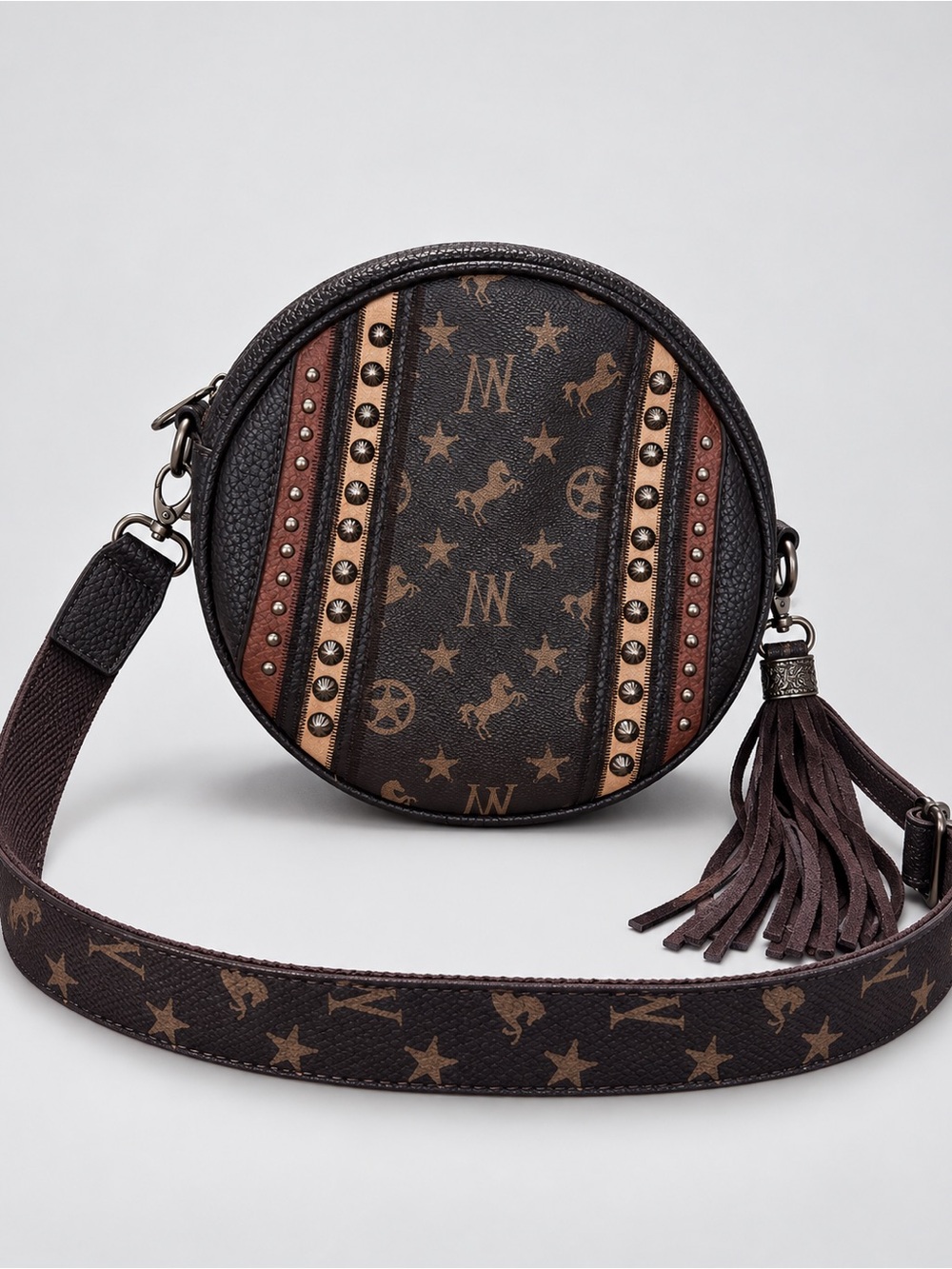 Montana West Round Crossbody Bag Western Horse Studded Tassel Brown